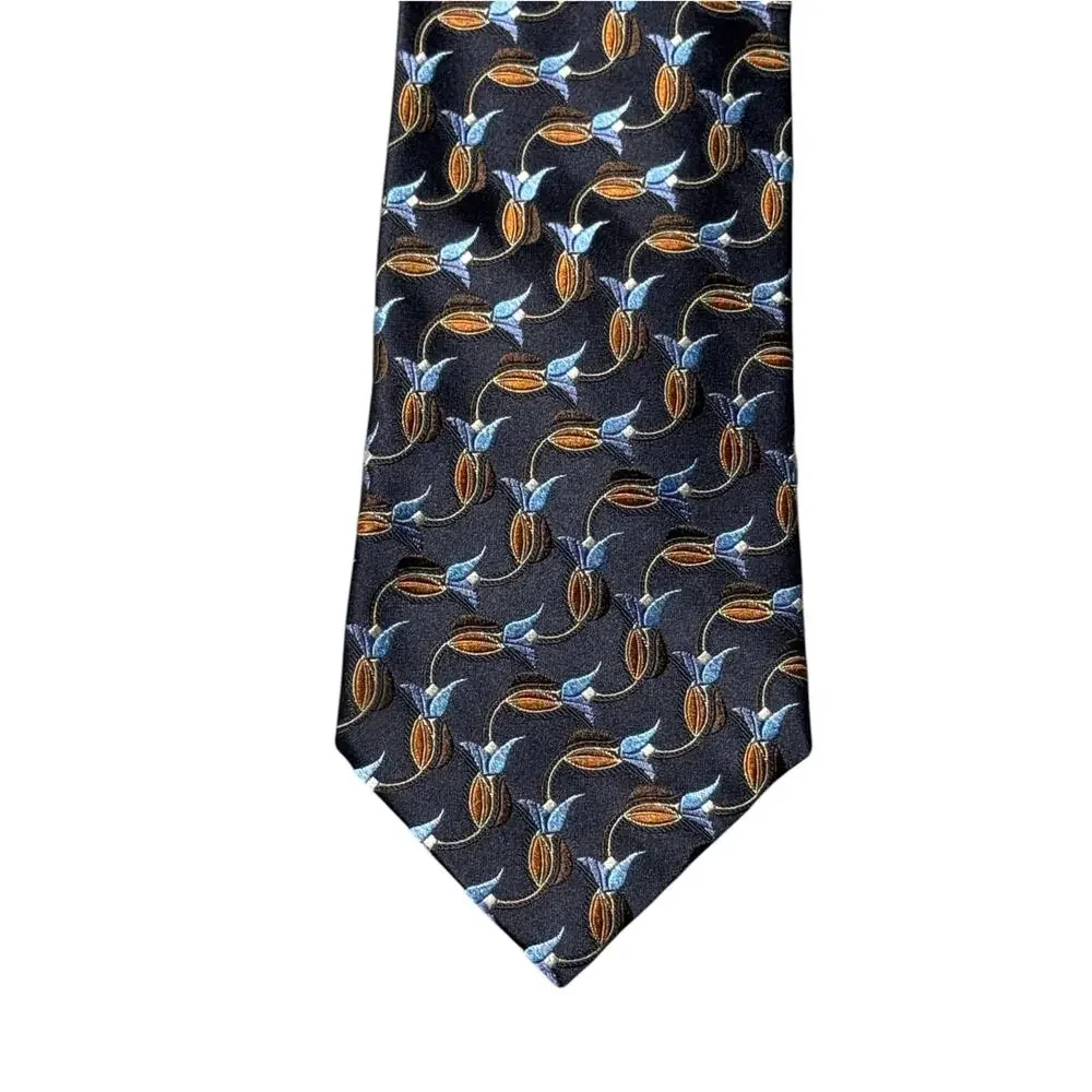 Ermenegildo Zegna Designer Tie Mens Navy Blue Silk Floral Bud Motif Adjustable